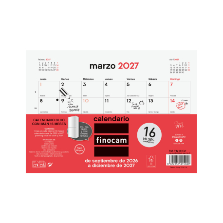 Calendario Bloc Neutro con Imán 16 Meses 2026 2027