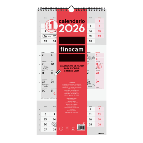 Calendario Neutro de Pared para Escribir 3 Meses Vista 2027