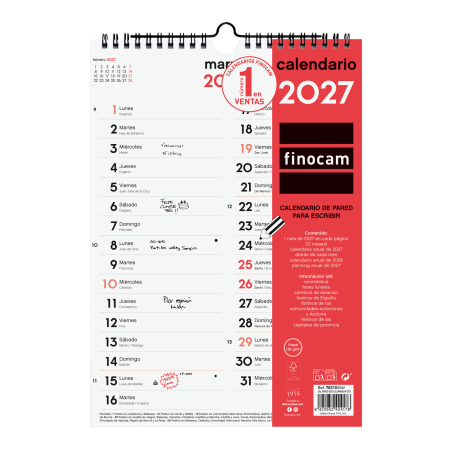 Calendario Neutro de Pared para Escribir Dos Columnas 2027